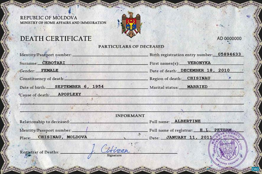 Download Moldova vital record death certificate PSD template Photoshop template